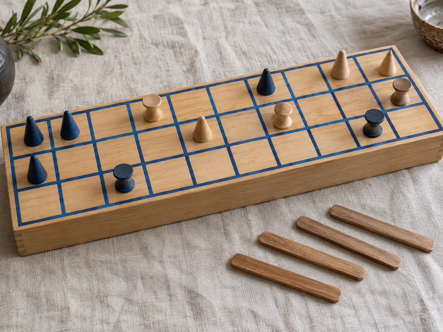 A long replica Senet board of thirty squares in three rows, with cone and spool shaped pieces and flat casting sticks