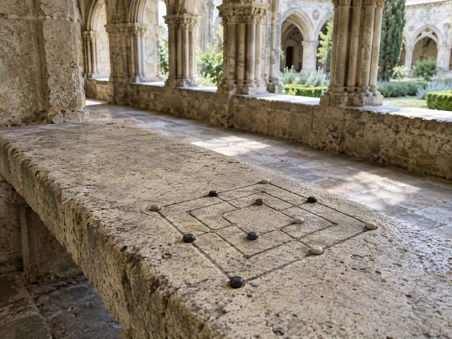 A Nine Men's Morris board of three nested squares carved into an old stone bench, with black and white pebbles on it
